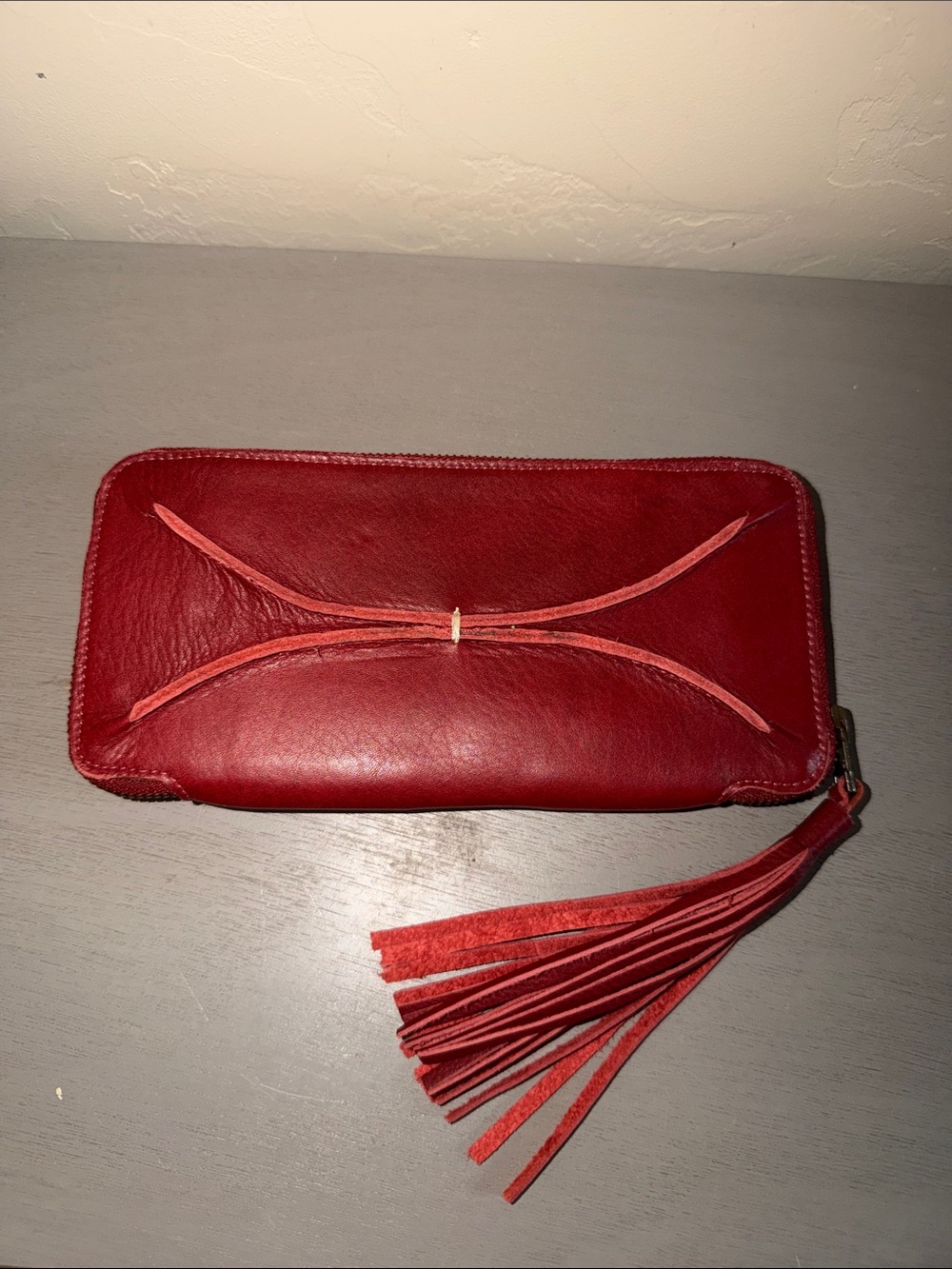 Red Leather Zip-Around Wallet with Tassel